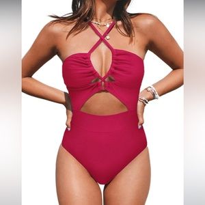Cupshe Hot Pink One Piece Cut Out Crossover Swimsuit Size L (12-14)